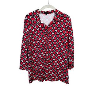 Talbots 1/2-Button Spandex Knit Geometric Print Top Women's L Red White Blue